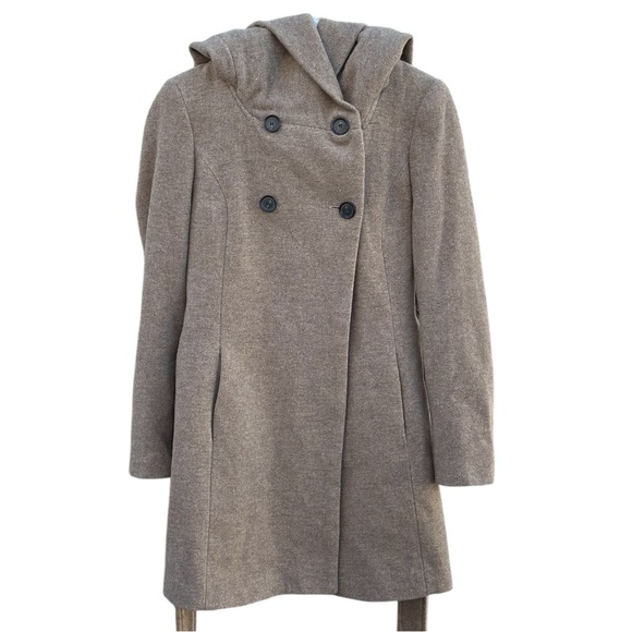 ZARA Basic 80% Wool Hooded Wrap Coat S Taupe Double-Breasted Belted - Picture 2 of 7